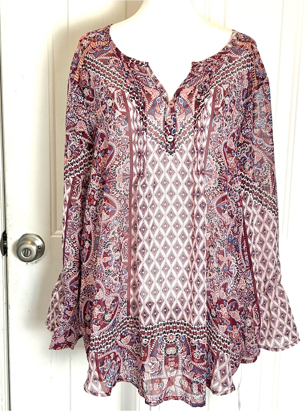 Style & Co. Peasant Top Womens 2X Plum Mixed Print Peasant Shear Boho Blouse